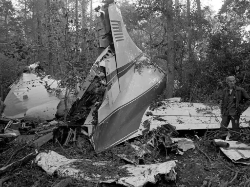 Vraket av ett flygplan i skogen, en man står bredvid. En tragisk påminnelse om lynyrd skynyrd flygolycka.