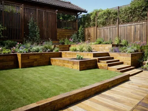Giardini in pendenza idee: terrazzamenti in legno con prato verde e aiuole fiorite, creando un paesaggio armonioso.