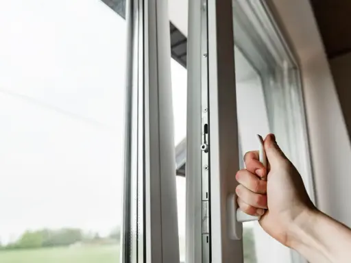 Mano girando manija de ventana blanca, asegurando la permeabilidad al aire clase 4. Ventana abierta con vista al exterior.