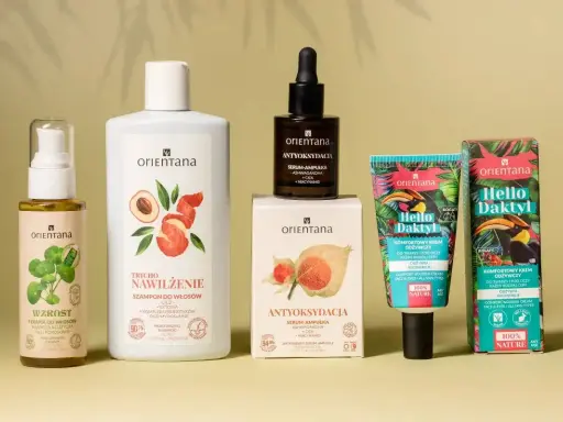 Kolekcja kosmetyków Orientana: szampon nawilżający, serum antyoksydacyjne, krem do twarzy i pod oczy z daktylem. Naturalna pielęgnacja botanicapharma.