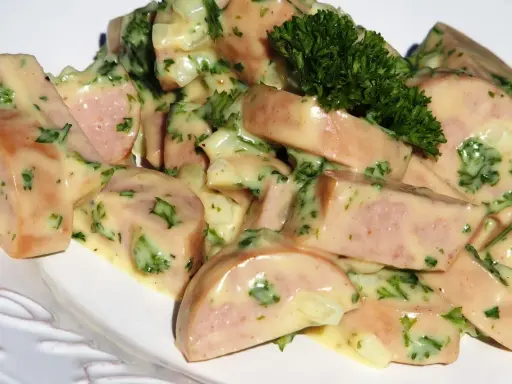 Une délicieuse salade de cervelas, coupée en dés et nappée d'une sauce crémeuse aux herbes fraîches, garnie d'un brin de persil.
