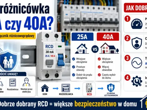 Porównanie wyłączników 25A i 40A, kluczowe przy wyborze bezpiecznika różnicowoprądowego. Poradnik jak dobrać RCD do domu.
