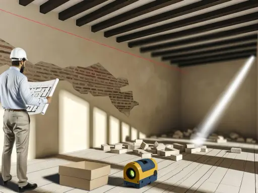 Arquitecto revisa planos para saber como tirar un tabique. Láser de construcción y escombros en el suelo.