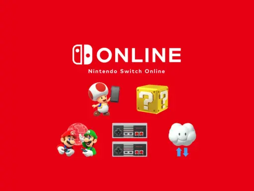 Mario, Luigi, Toad i chmurka z ikonami pobierania/wysyłania. Dowiedz się, nintendo switch online co daje!