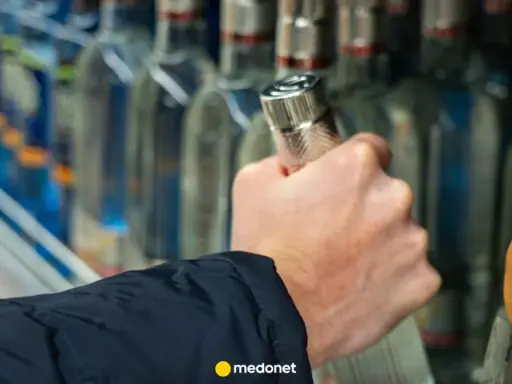 Dłoń sięga po butelkę wódki, a artykuł na medonet.pl analizuje wpływ alkoholu, w tym piwa, na białe krwinki.