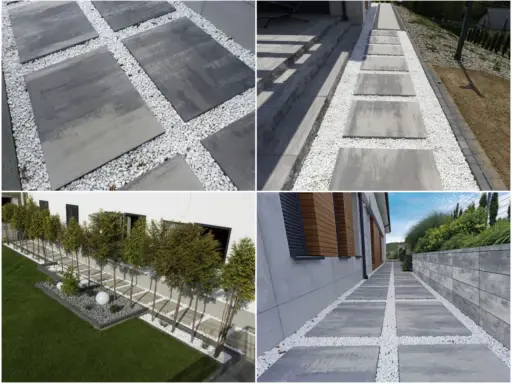 Nowoczesna opaska wokół domu z płyt chodnikowych i białego żwiru tworzy elegancką ścieżkę.