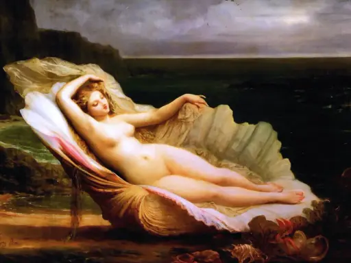 Venus, die Göttin der Liebe, ruht in einer Muschel am Ufer. Was ist akt.