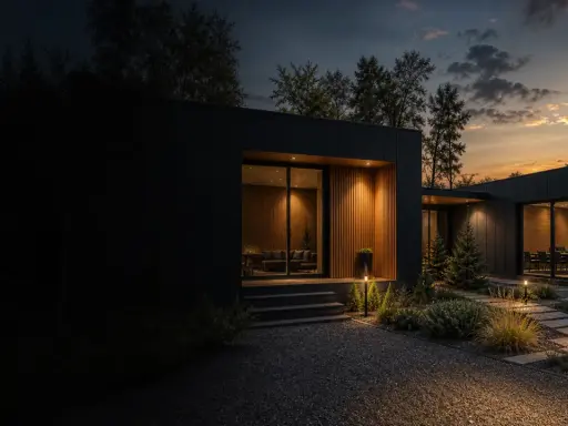 Nowoczesna budowa domu modułowego o minimalistycznej architekturze, oświetlona ciepłym światłem o zachodzie słońca.