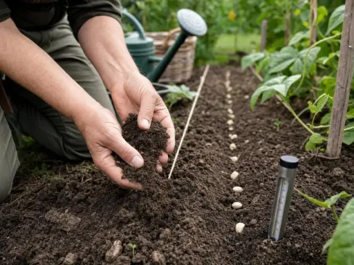 Mains tenant de la terre pour semer des haricots verts, suivant la tradition de semer avec la lune. Un thermomètre de sol est planté à proximité.