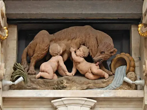 Rzeźba wilczycy karmiącej Romulusa i Remusa, symbolizująca **datę założenia Rzymu**.