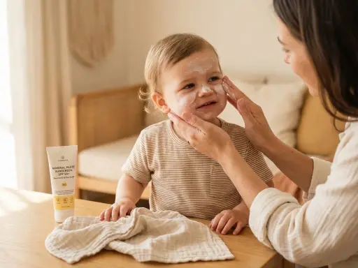 Mamma smörjer sitt barn med zinkpasta solskydd SPF 50+. En tub med solskyddet syns på bordet.