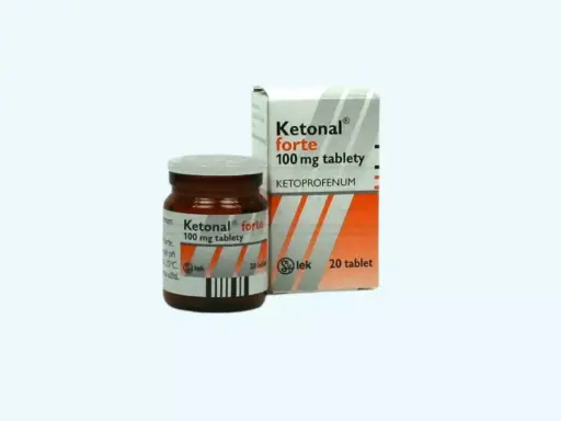 Opakowanie leku Ketonal forte 100 mg, który jest dostępny na receptę. Zawiera 20 tabletek.