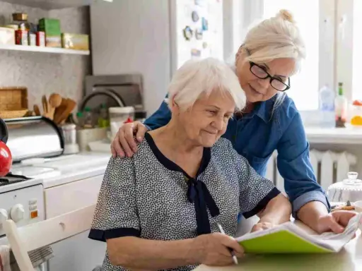 Dos mujeres mayores revisan documentos en la cocina. Una apoya a la otra, quizás tramitando la pensión de orfandad mayores de 30 años.