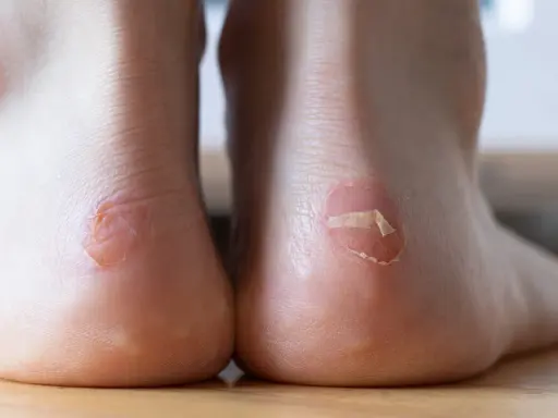 Gros plan sur des talons avec des ampoules, dont une avec un pansement. L'éosine sur ampoule révèle la peau irritée.