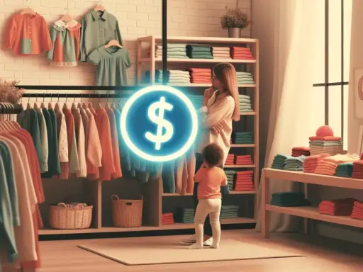 Kobieta z dzieckiem w sklepie z ubraniami, zastanawiają się jakie alimenty przy zarobkach 3500 netto można przeznaczyć na zakupy.