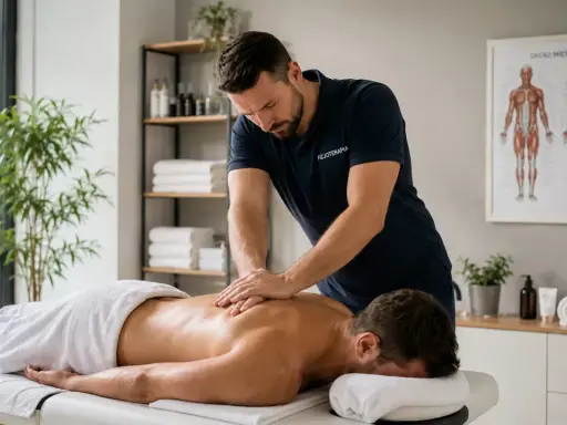 Fizjoterapeuta wykonuje masaż tkanek głębokich pleców pacjenta leżącego na kozetce. W tle widać plakat z układem mięśniowym.