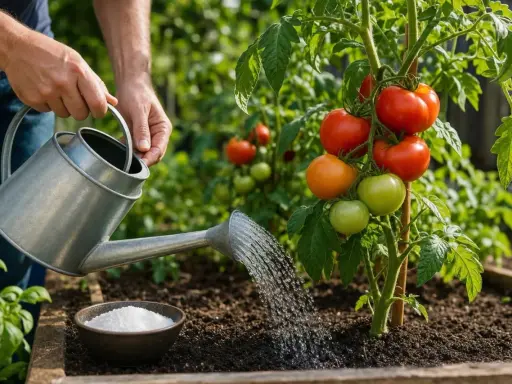 Arrosage d'un plant de tomates mûrissant, prêt pour un gourmand tomate.