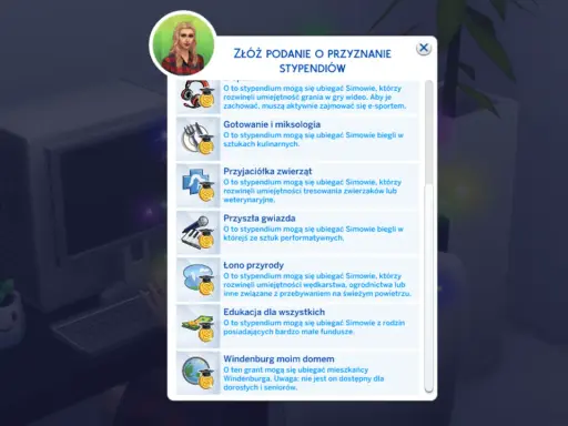 Sims 4: kierunki prestiżowe wymagania. Okno z podaniami o stypendia dla Simów: e-sport, gotowanie, zwierzęta, sztuki performatywne, przyroda, edukacja, Windenburg.