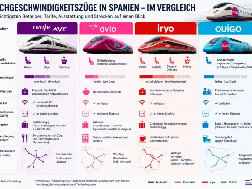 Vergleich spanischer Hochgeschwindigkeitszüge: Renfe AVE, Avlo, iryo und OUIGO. Infos zu Tarifen, Ausstattung und Streckennetz.