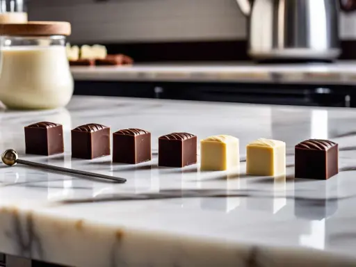 Cubes de chocolat noir et blanc alignés sur un marbre, prêts pour le temperage chocolat blanc. Une cuillère dorée repose à côté.