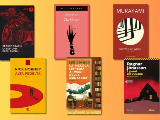 Sei copertine di libri importanti da leggere: "La fattoria degli animali", "Zia Mame", "Norwegian Wood", "Alta fedeltà", "La piccola libreria ai piedi della montagna", "I giorni del vulcano".