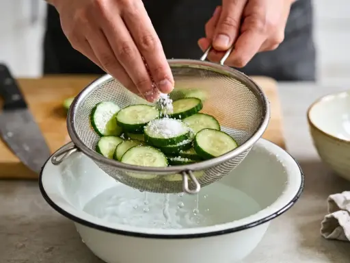 Préparation d'un concombre à la crème : des rondelles de concombre sont salées dans une passoire au-dessus d'un bol d'eau.