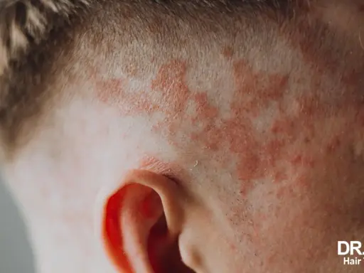 Psoriasis du cuir chevelu, souvent exacerbée par le stress, se manifeste par des plaques rouges et squameuses près de l'oreille.
