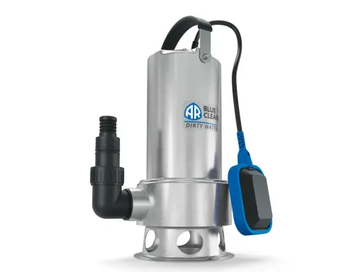 Pompa sommersa non parte: un modello in alluminio con galleggiante blu e attacco per tubo.
