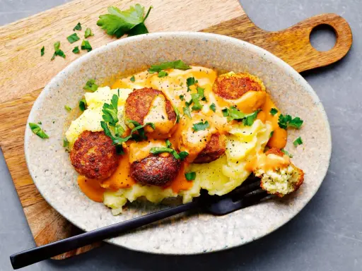 Herzhafte vegetarische Klopse auf cremigem Kartoffelbrei mit cremiger Sauce – schnelle vegetarische Gerichte, die begeistern.