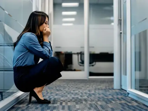 Frau kauert im Büroflur, Hände vor dem Mund, die Augen geschlossen. Sie scheint von **Angst vor der Arbeit** überwältigt zu sein.
