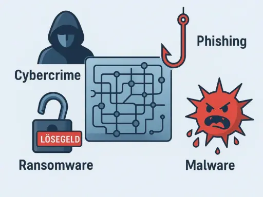 Cybercrime-Symbole: Hacker, Phishing-Haken, Malware-Virus, und ein offenes Schloss mit "LÖSEGELD" – die ransomware bedeutung.