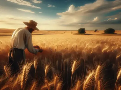 Un contadino con cappello di paglia esamina il grano maturo in un campo dorato al tramonto. La roba riassunto: il ciclo della vita e del raccolto.