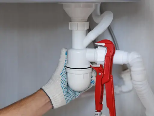 Ręka w rękawicy dokręca kluczem hydrauliczny syfon samoczyszczący, co znaczy, że zapobiega on zatorom.