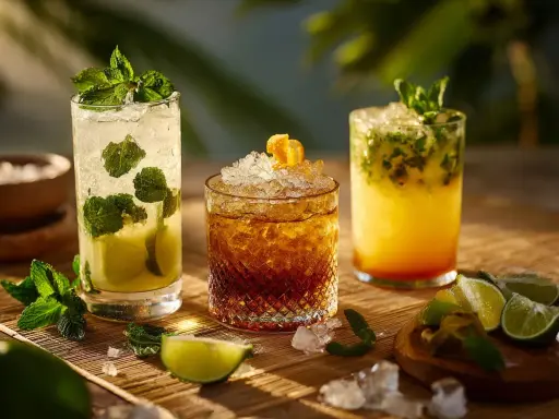 Tre uppfriskande rom drinkar med mynta och lime på ett solbelyst bord. Perfekt för en varm sommardag.