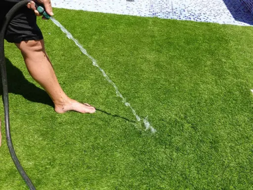 Persona riega césped artificial con manguera. Aprende cómo limpiar césped artificial fácilmente para mantenerlo verde y fresco.