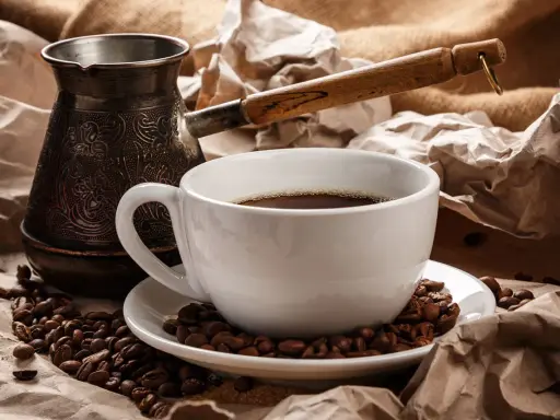 Eine Tasse heißer Espresso Mokka, umgeben von gerösteten Kaffeebohnen und einer traditionellen Mokkakanne.