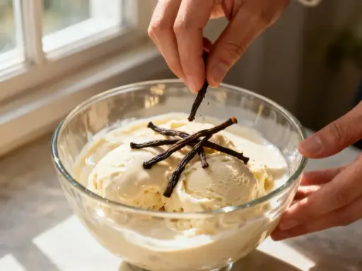 Des mains ajoutent des gousses de vanille sur un parfait glacé à la vanille dans un bol en verre.