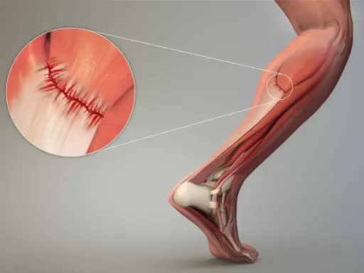 Dettaglio di lesioni muscolari con suture, illustrando il trattamento chirurgico per la riparazione.