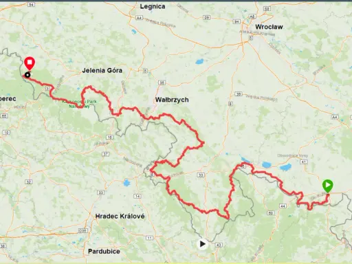 Mapa szlaku z zaznaczonymi punktami. Główny szlak sudecki ile dni zajmuje przejście? Trasa prowadzi przez Karkonosze, Wałbrzych, Opole.
