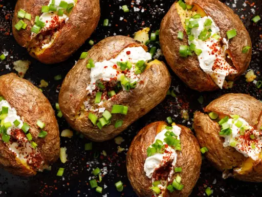 Kumpir Rezept: Gebackene Kartoffeln mit cremiger Füllung, Schnittlauch und Paprikapulver.