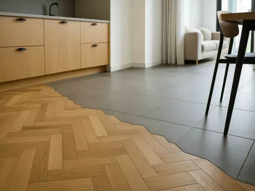 Un pavimento in parquet a spina di pesce incontra piastrelle grigie, un'idea per rifare pavimento con stile.