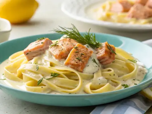 Tagliatelle al salmone: breite Bandnudeln in cremiger Sauce mit saftigen Lachsstücken und frischen Kräutern, garniert mit Dill.