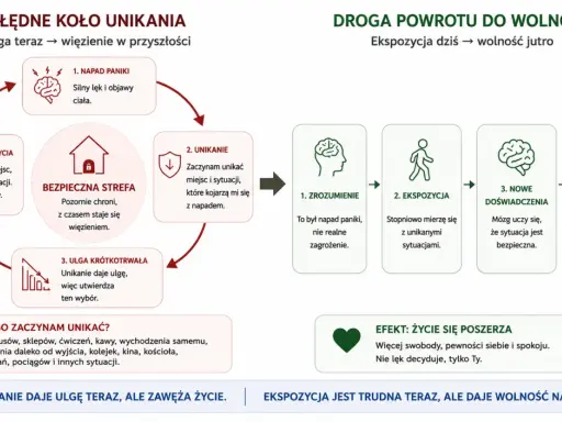 Cykl unikania: napad paniki, unikanie, ulga, zawężanie życia. Droga do wolności: zrozumienie, ekspozycja, nowe doświadczenia, wolność.