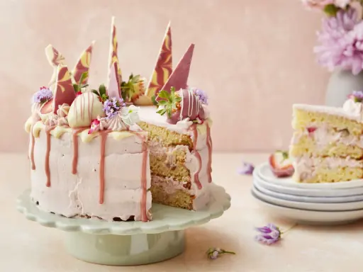 En vacker tårta med rosa frosting, jordgubbar och chokladdekorationer. Perfekt för att dekorera tårta till ett speciellt tillfälle.