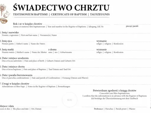 Świadectwo chrztu, dokument niezbędny do zawarcia sakramentu małżeństwa. Zawiera dane o chrzcie, rodzicach i bierzmowaniu.