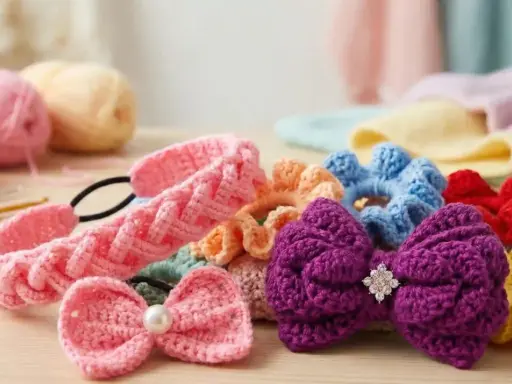 Coletero crochet de varios colores, con lazos y flores, junto a ovillos de lana y ganchillos.