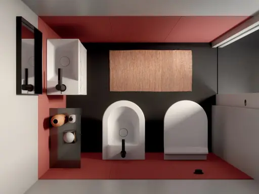 Bagno moderno con wc e bidet di fronte, tappeto in juta e lavabo squadrato.