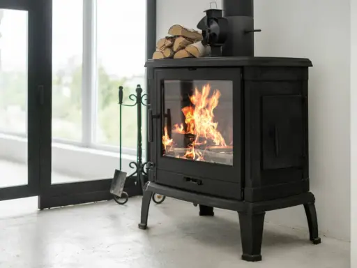 Estufa de leña con fuego encendido, lista para instalarse con salida horizontal. Leña apilada y herramientas de chimenea.