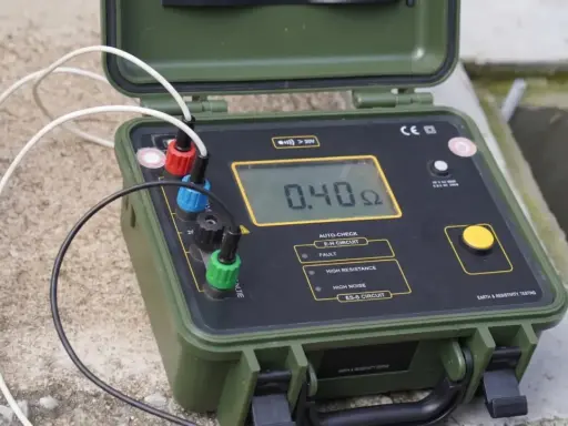 Przyrząd do pomiaru instalacji odgromowej pokazuje 0.40 Ω.