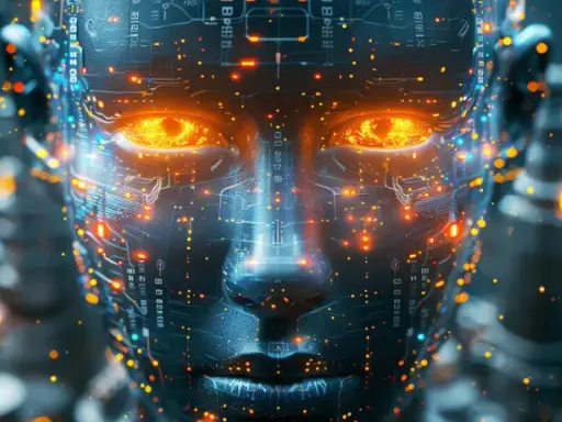 Twarz robota z płonącymi oczami, pokryta obwodami i migoczącymi światłami. To jak cyfrowa notacja o.